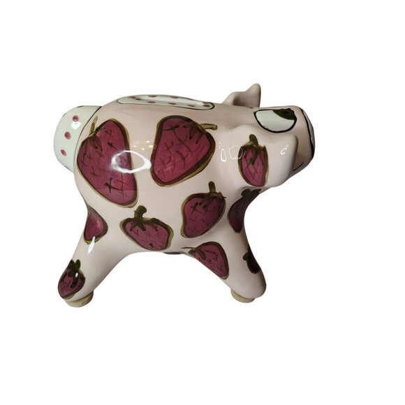 Pati Handpainted Ceramic Pig Coin Bank, Strawberry Pink, w/Stopper Piggy - Picture 4 of 7